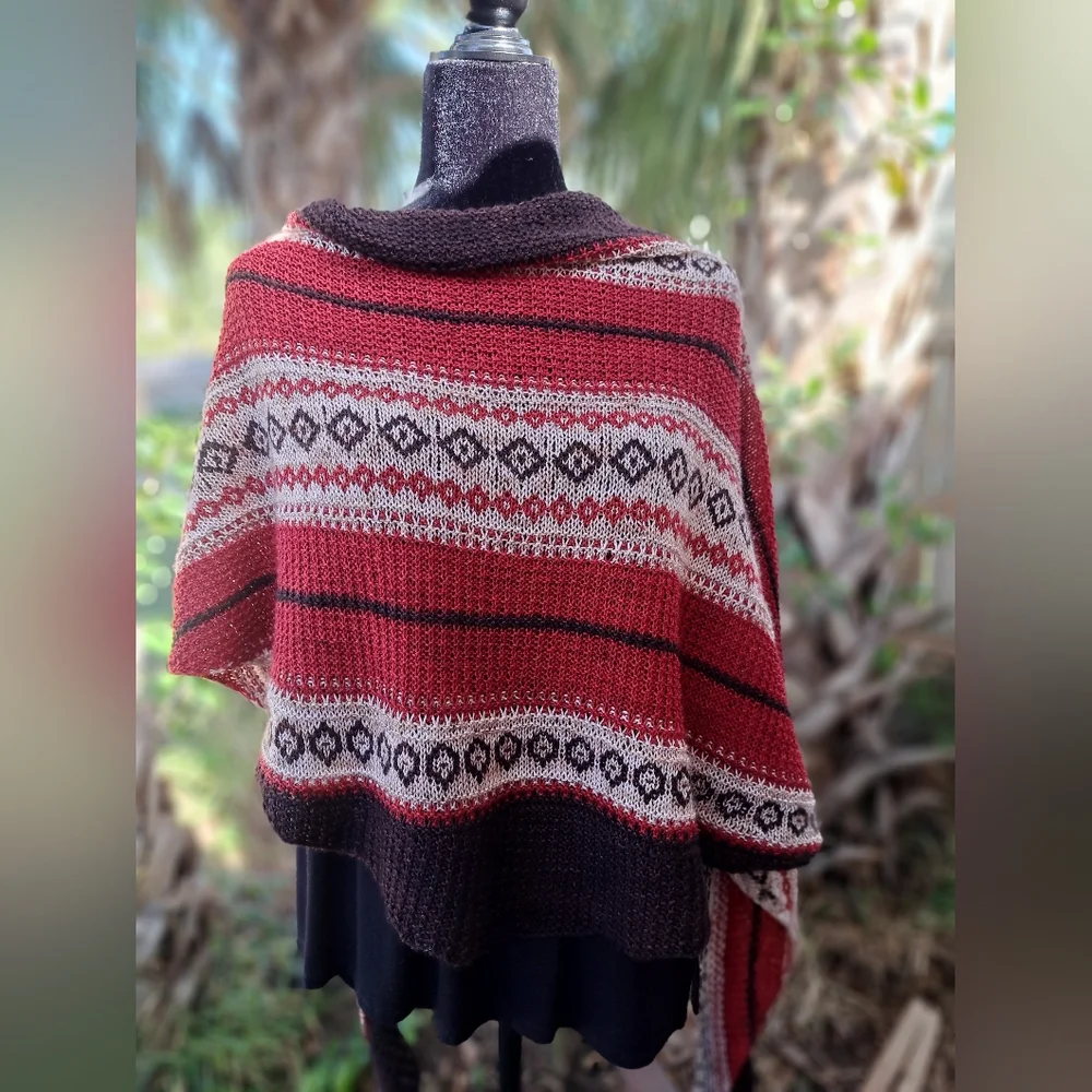 Hand Knitted Shawl One of a Kind Elegant Red Beige Coffee Brown Merino Wool - Picture 13 of 15
